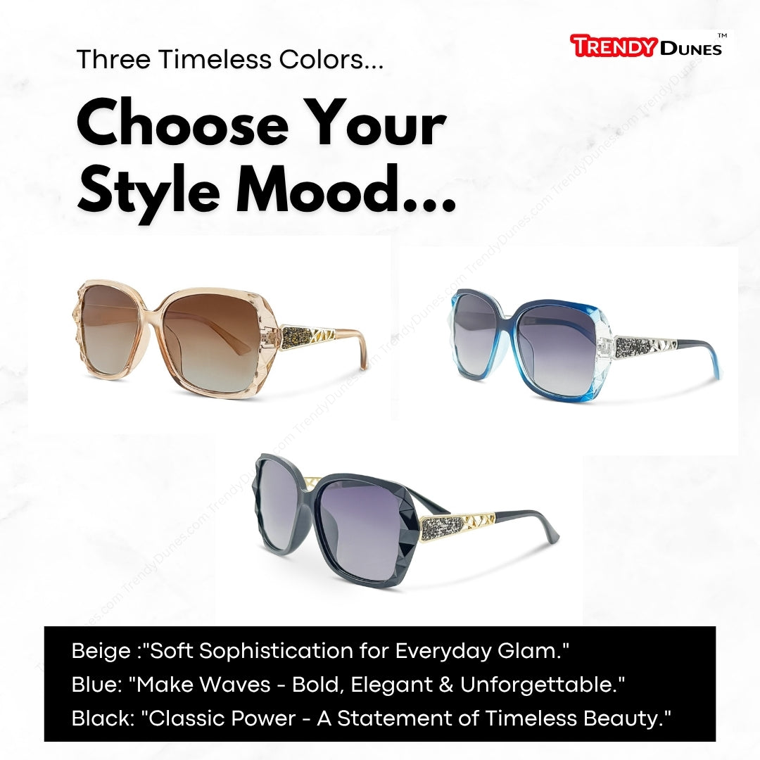 TrendyDunes Oversized Fashion Sunglasses for Women | Decorative Temples | Premium TAC Polarized Impact Scratch Resistant – Crystal-Cut Frame | Glittered Decorative Temples, UV400 Protection, Gradient Lenses – Chic & Stylish