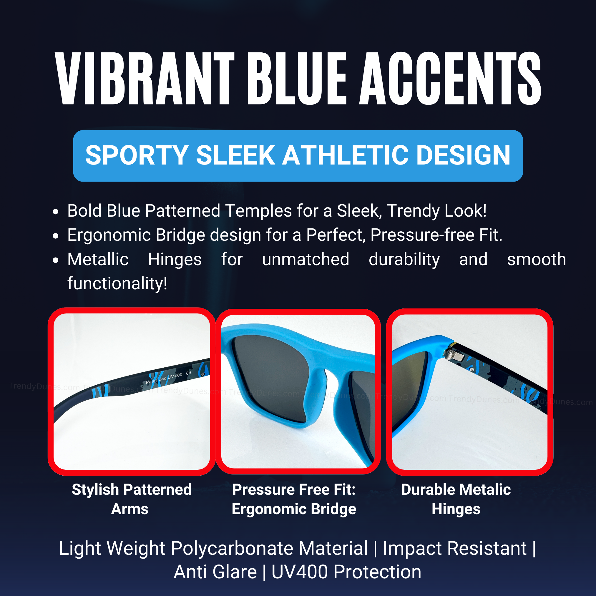 TrendyDunes Premium WayFarer Polarized Mirror Lens | Anti Glare UV400 Polycarbonate Frame Unisex Sunglasses Impact Resistant Lens – Vibrant Black, Red & Blue Frame Designs, UV400 Protection, Luxurious Hard Metal Case With Soft Lining