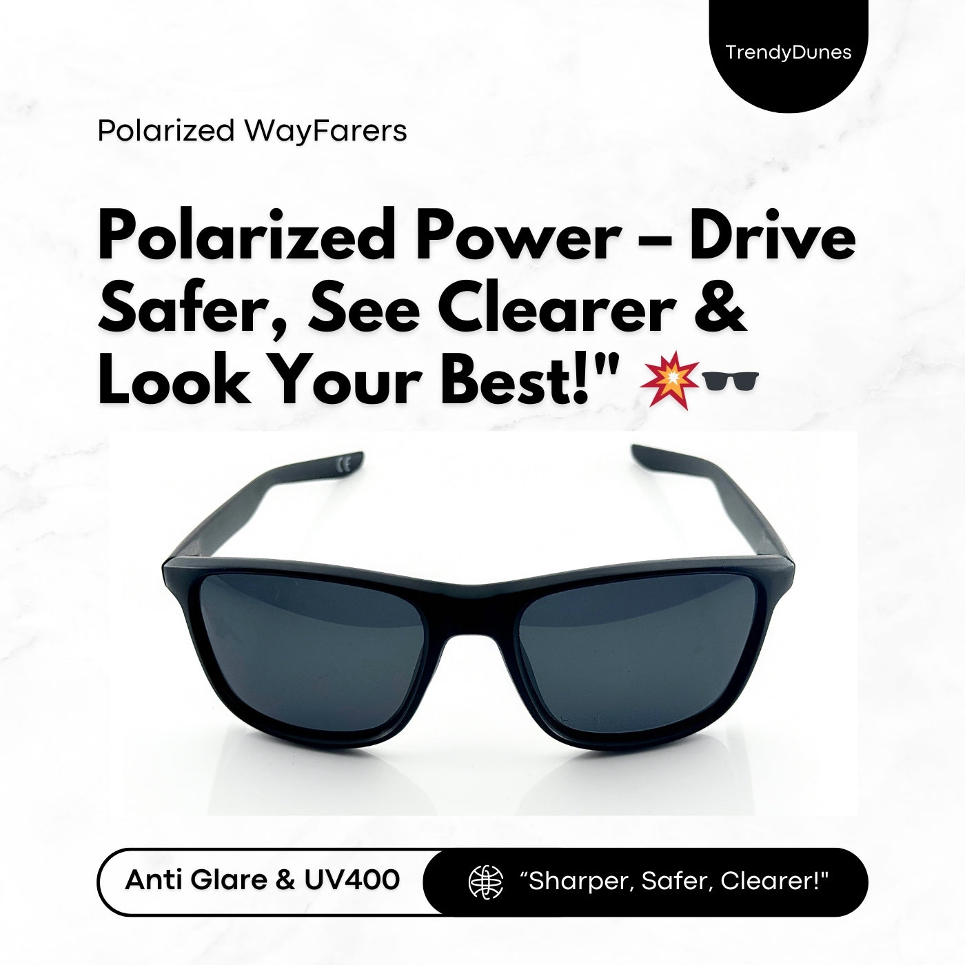 TrendyDunes Luxurious Unisex Polarized Wayfarer Sun Glasses, TAC Lens, Anti Glare, UV400 Protection | Lightweight Polycarbonate Frame | Premium EVA Waterproof Material Sunglasses Case & Black Draw String Eyewear Pouch