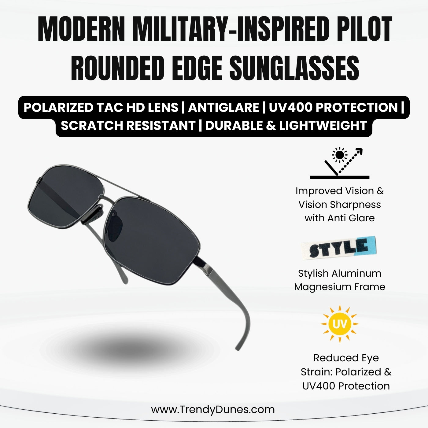 TrendyDunes Premium Wrap Around Aviators TAC Polarized Anti Glare UV400 Sleek Sunglasses| Aluminium Magnesium Metal Frame. Luxurious Hard Metal Case With Red Lining | Superior Cushion & Protection