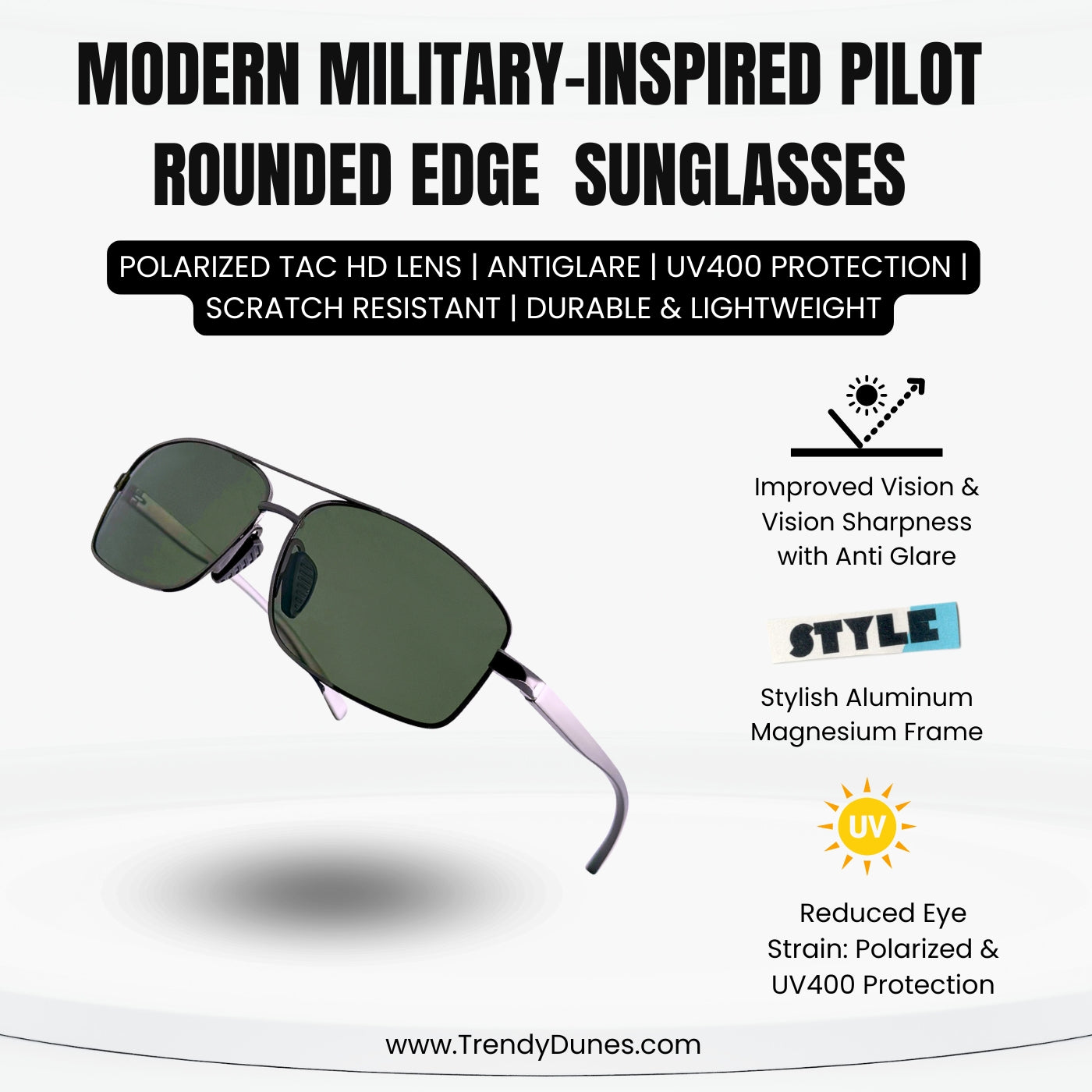 TrendyDunes Premium Wrap Around Aviators TAC Polarized Anti Glare UV400 Sleek Sunglasses| Aluminium Magnesium Metal Frame. Luxurious Hard Metal Case With Red Lining | Superior Cushion & Protection