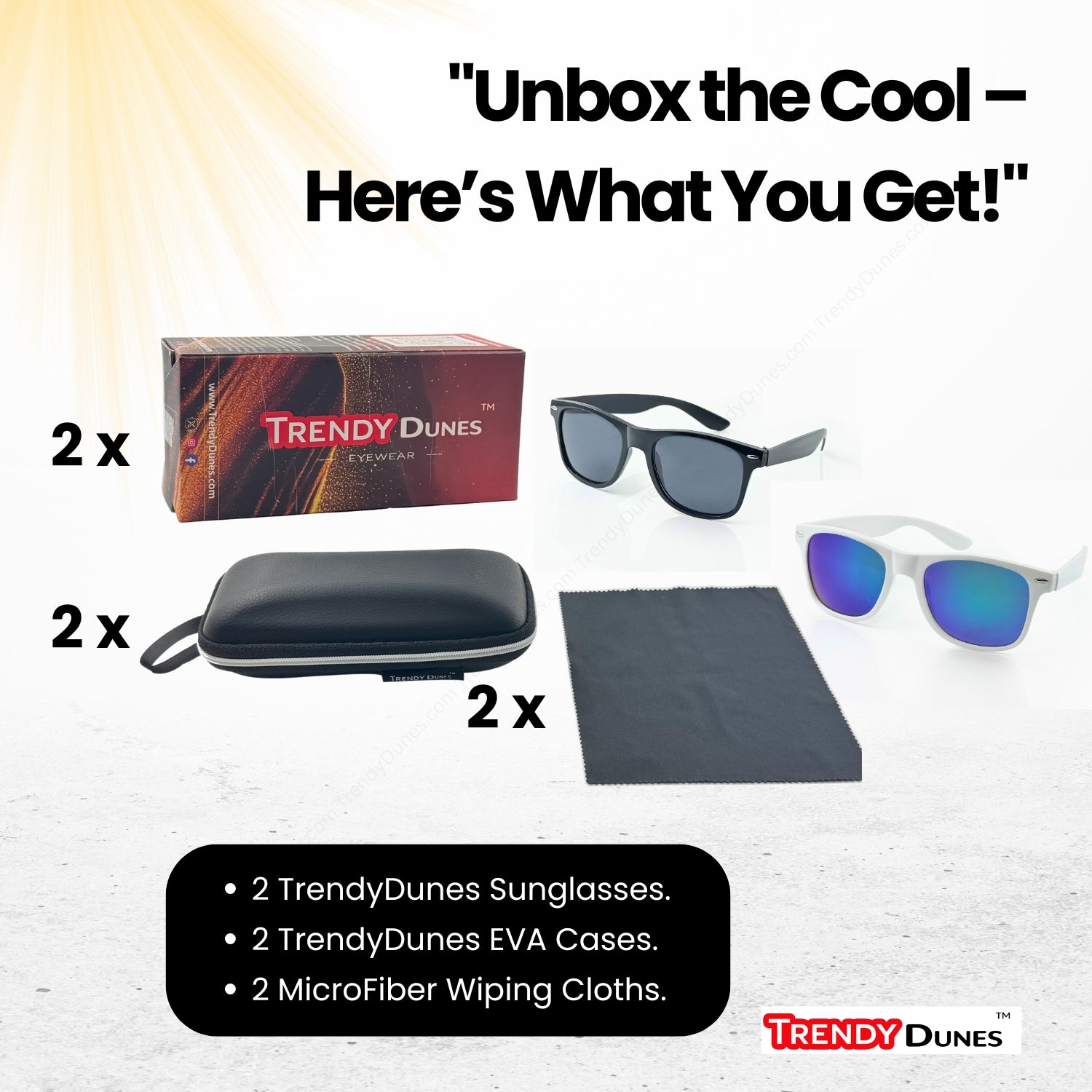 TrendyDunes Classic & Vibrant Wayfarer Sunglasses Combo – Black UV400 Polarized + White Mirror Blue Lens | Unisex Stylish Eye Protection Set