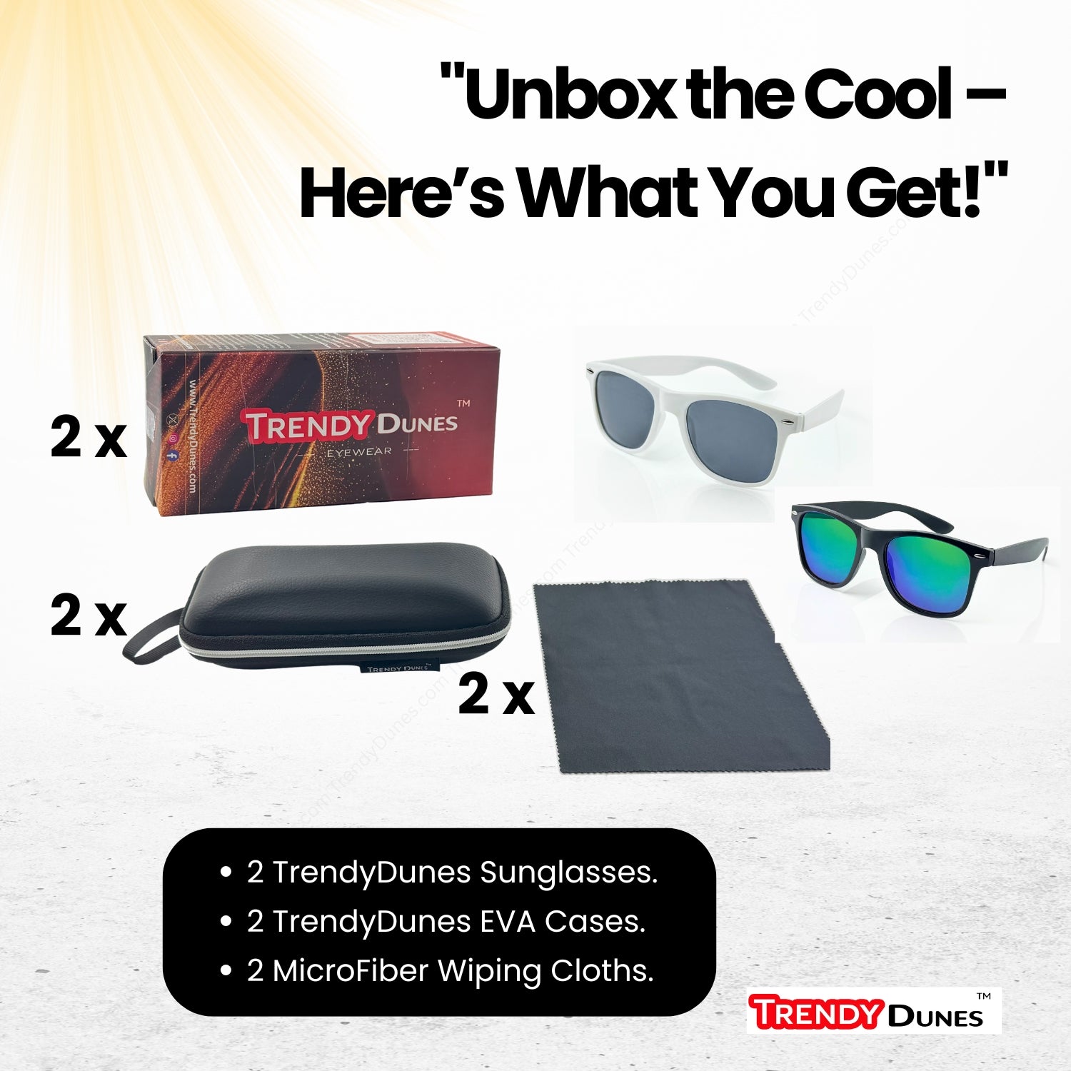 TrendyDunes Combo Sunglasses – Polarized UV400 Wayfarer for Men & Women – Blue Mirror & Grey Lens – Black & White Frames