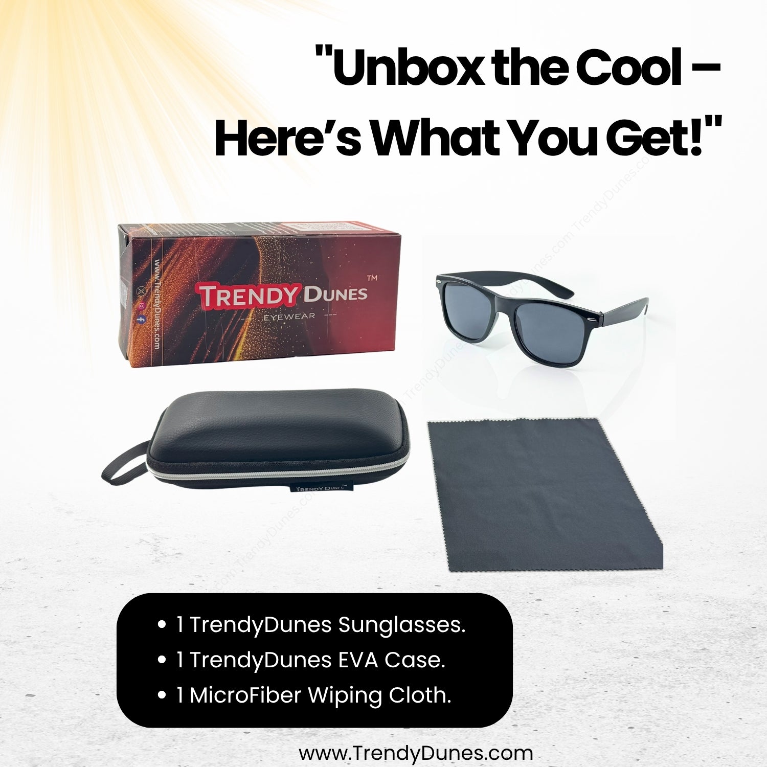 TrendyDunes Polarized UV400 Wayfarer Sunglasses with Nail Accents. Black EVA Case & Microfiber Cloth – 5 Stylish Frame & Lens Variants