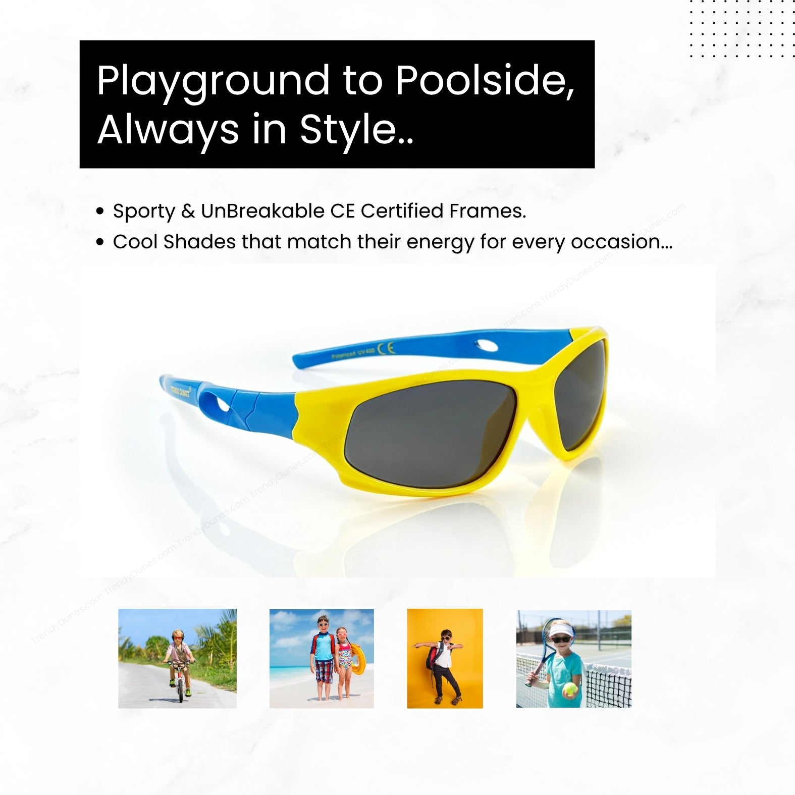 TrendyDunes Kids Sports Wraparound Sunglasses | Boys & Girls 8-12 Years | Polarized UV400 Anti Glare Lens | TPEE Frame | EVA Case + Polarized Test Card | 6 Color Combos