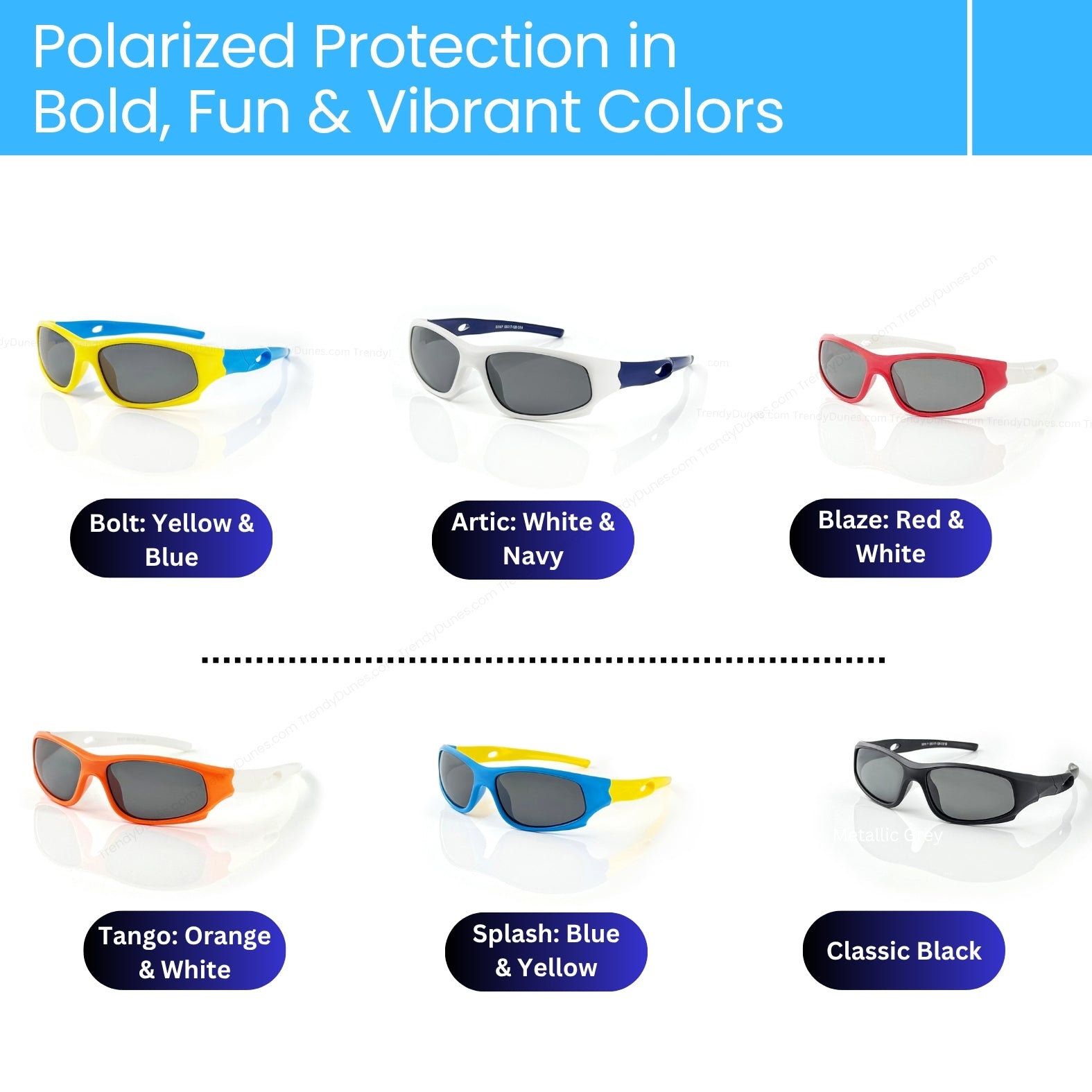TrendyDunes Kids Sports Wraparound Sunglasses | Boys & Girls 8-12 Years | Polarized UV400 Anti Glare Lens | TPEE Frame | EVA Case + Polarized Test Card | 6 Color Combos