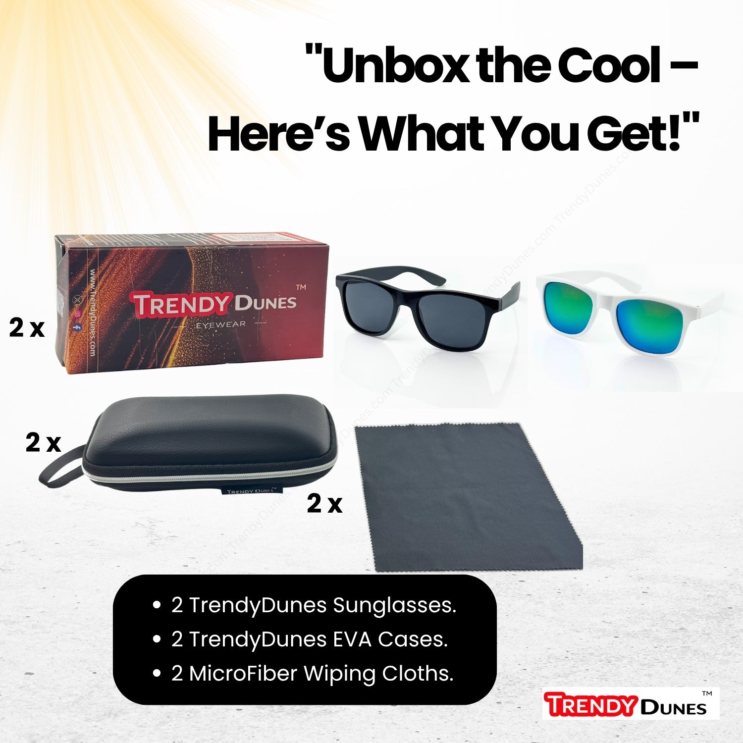 TrendyDunes Polarized Sunglasses Combo β Classic Black & White Frames with UV400 Grey & Blue Mirror Lenses | Stylish Unisex Wayfarers | CE Certified