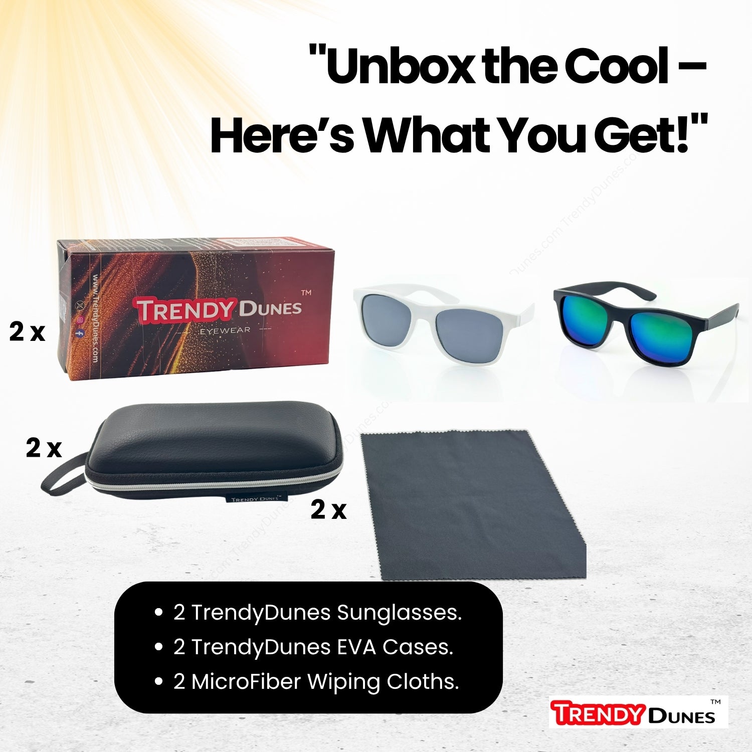 TrendyDunes Polarized Wayfarer Sunglasses Combo – White Frame Grey Lens + Black Frame Blue Mirror | UV400 CE Certified Stylish Unisex Shades