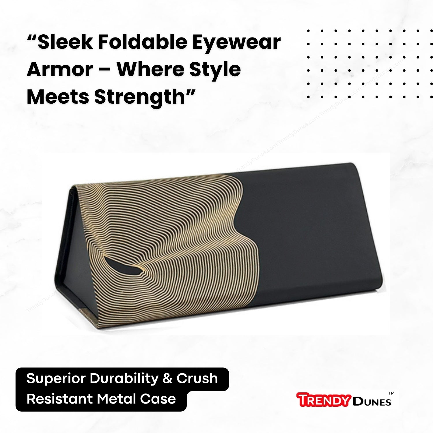 TrendyDunes Designer Foldable Triangular Metal & PU Leather Eyewear Case – Hard Shell Glasses Holder with Magnetic Closure Stylish Golden, Silver, Maroon, Blue Bold Wave Designs – Fits Sunglasses Reading Glasses