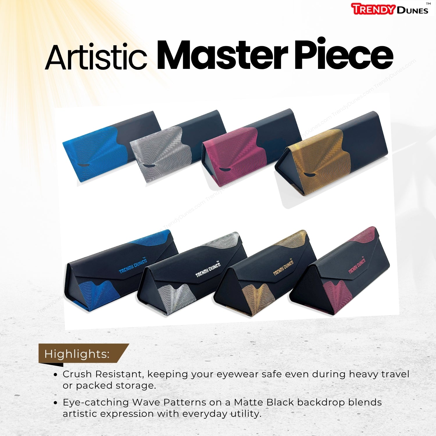 TrendyDunes Designer Foldable Triangular Metal & PU Leather Eyewear Case – Hard Shell Glasses Holder with Magnetic Closure Stylish Golden, Silver, Maroon, Blue Bold Wave Designs – Fits Sunglasses Reading Glasses
