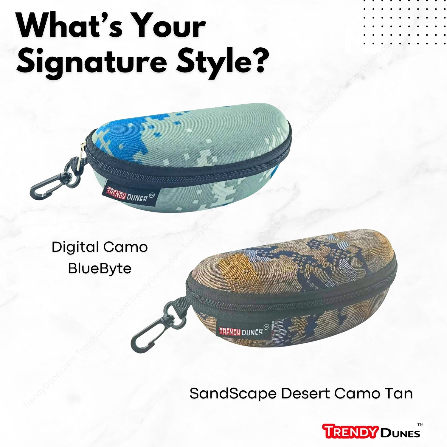 TrendyDunes BlueByte & Sandscape Desert Camo EVA Zipper Sunglass Case with Clip Hook & Water-Resistant – Stylish & Protective Eyewear Cover