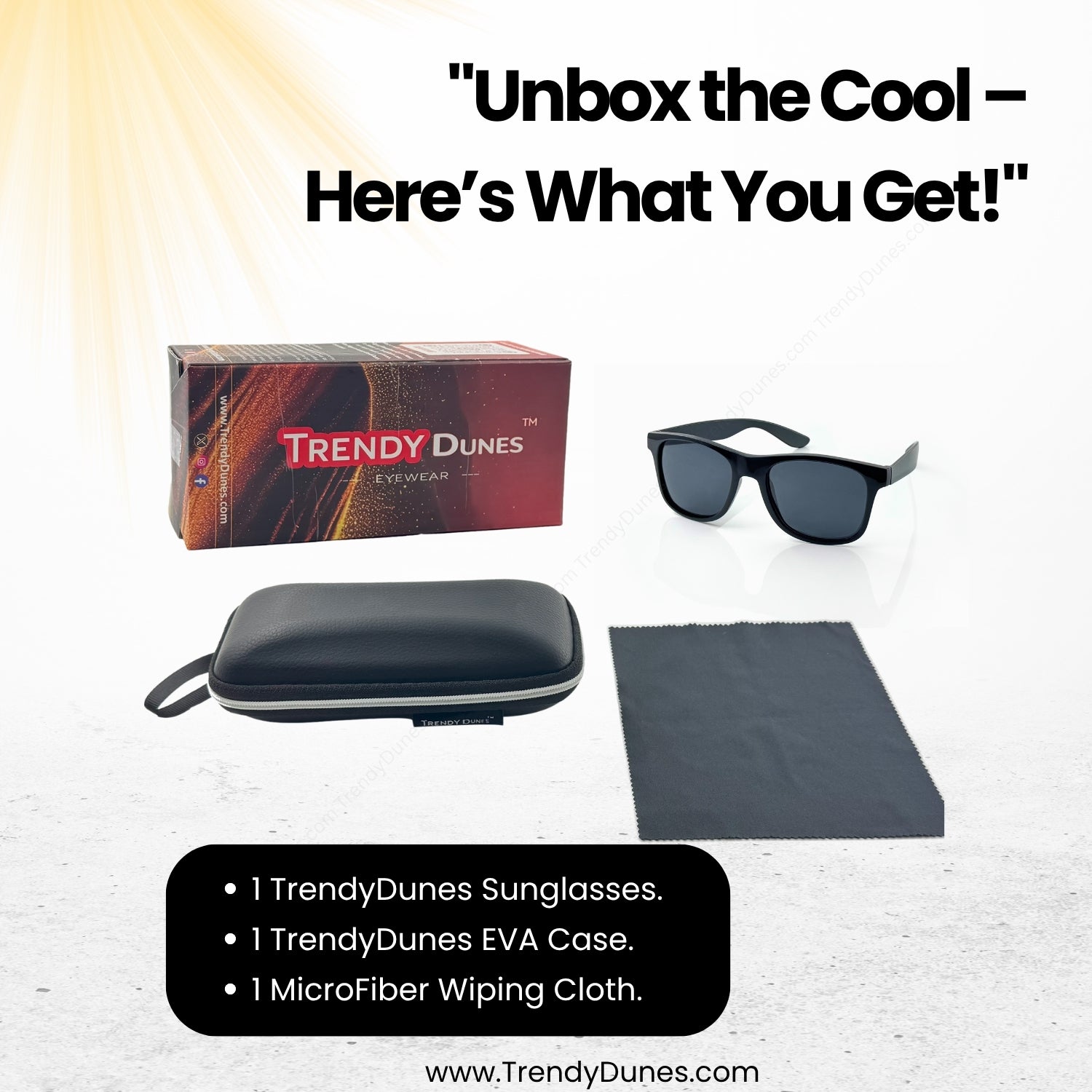 TrendyDunes Premium Polarized Wayfarer Sunglasses – Sleek Unisex Design, UV400 Protection, Lightweight Polycarbonate Frame, CE Certified. Hard EVA Zipper Case with Hook