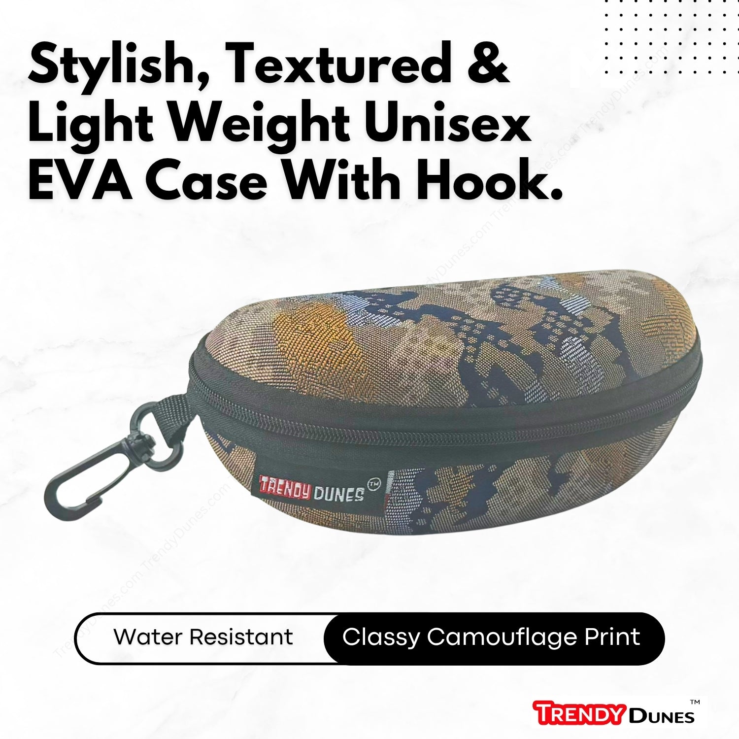 TrendyDunes Designer Eyewear Case Combo – PU Leather Foldable Case with Jungle Art + Designer Sandscape Desert Camo EVA Zipper Water Resistant Case