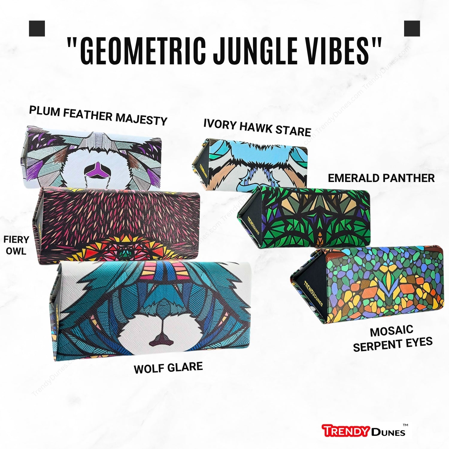 TrendyDunes Designer Eyewear Case Combo – PU Leather Foldable Case with Jungle Art + Designer Sandscape Desert Camo EVA Zipper Water Resistant Case