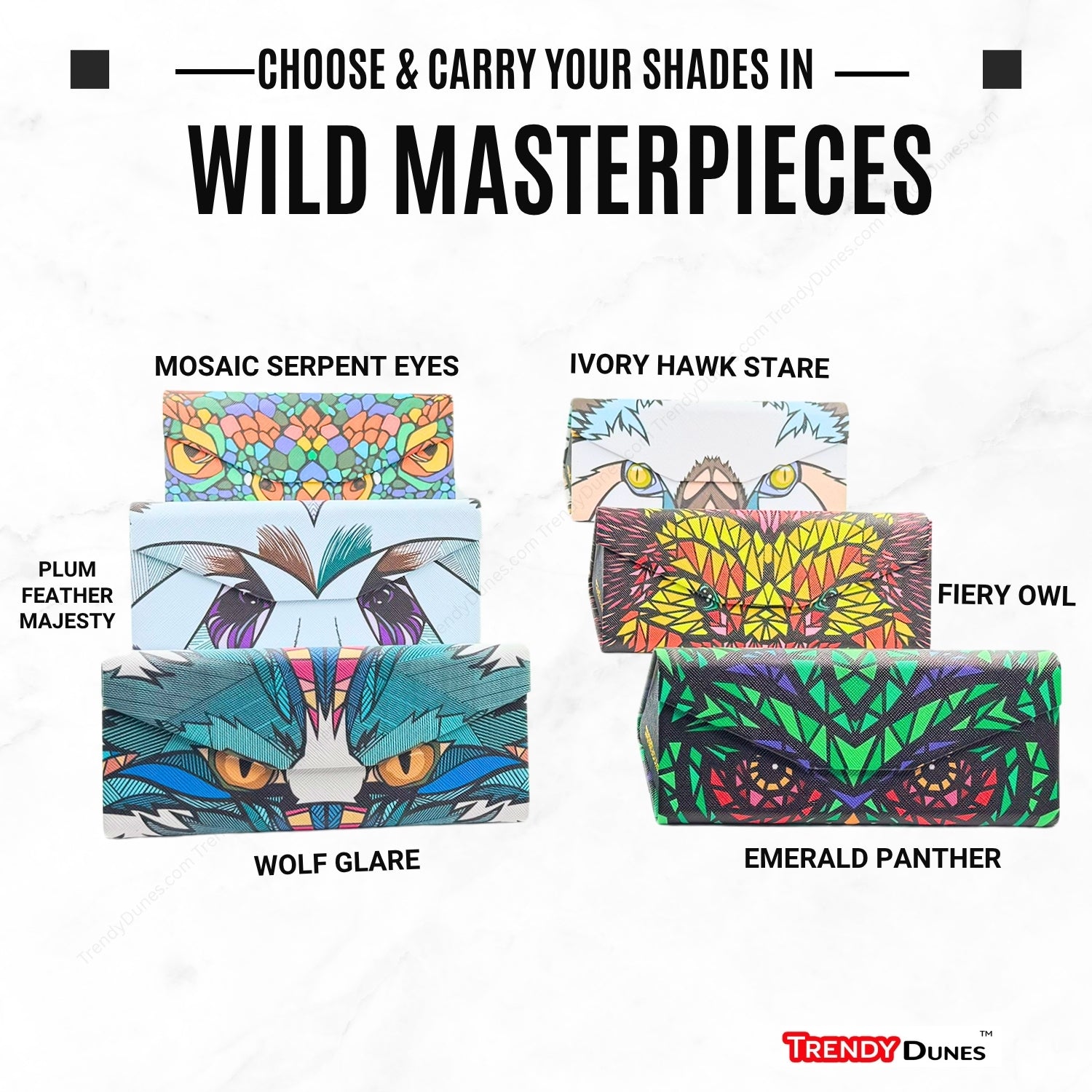 TrendyDunes Designer Eyewear Case Combo – PU Leather Foldable Case with Jungle Art + Designer Sandscape Desert Camo EVA Zipper Water Resistant Case