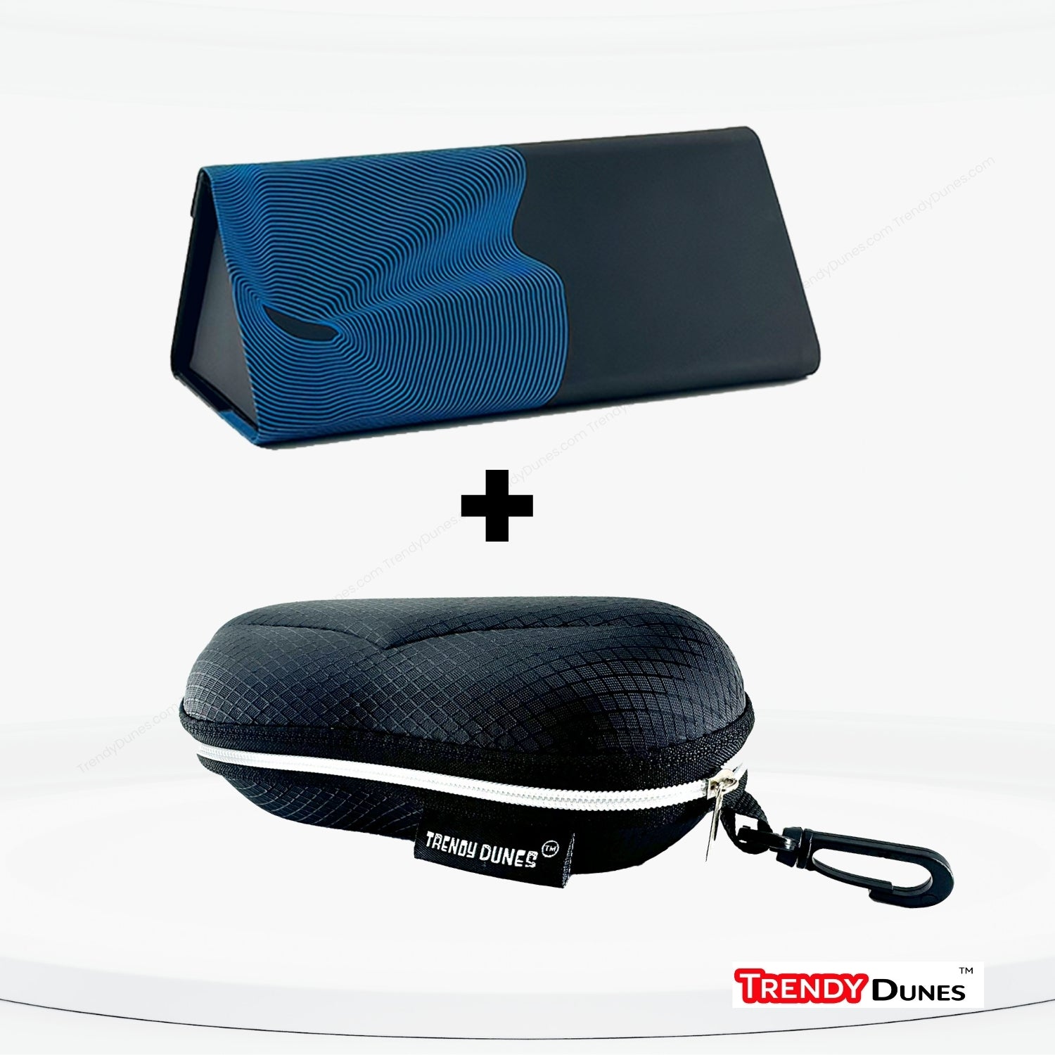 TrendyDunes Premium Eyewear Combo – EVA Waterproof Hook Case + Designer Foldable Wave Case (Gold, Silver, Maroon, Blue Variants)