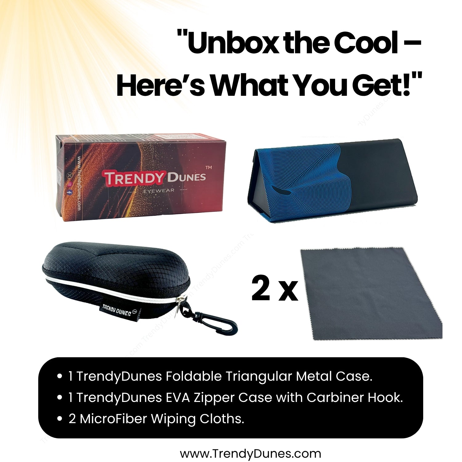 TrendyDunes Premium Eyewear Combo – EVA Waterproof Hook Case + Designer Foldable Wave Case (Gold, Silver, Maroon, Blue Variants)