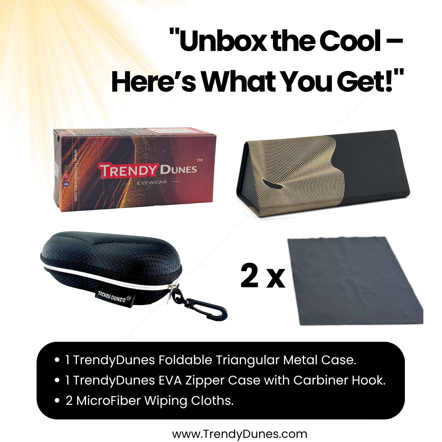 TrendyDunes Premium Eyewear Combo – EVA Waterproof Hook Case + Designer Foldable Wave Case (Gold, Silver, Maroon, Blue Variants)