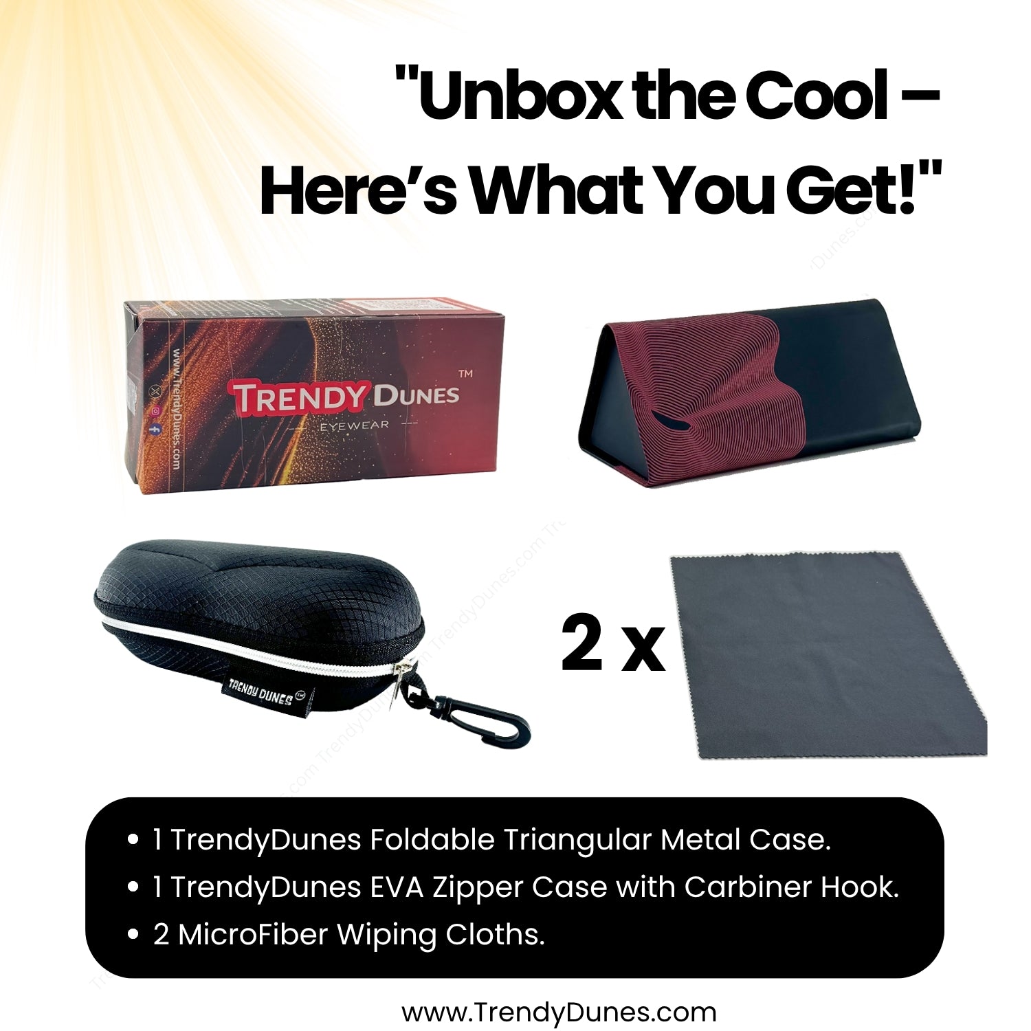TrendyDunes Premium Eyewear Combo – EVA Waterproof Hook Case + Designer Foldable Wave Case (Gold, Silver, Maroon, Blue Variants)