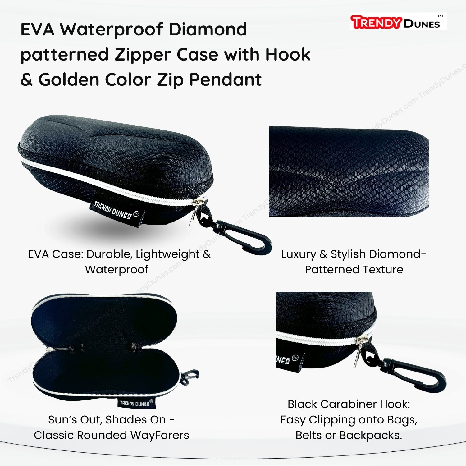 TrendyDunes Premium Eyewear Combo – EVA Waterproof Hook Case + Designer Foldable Wave Case (Gold, Silver, Maroon, Blue Variants)
