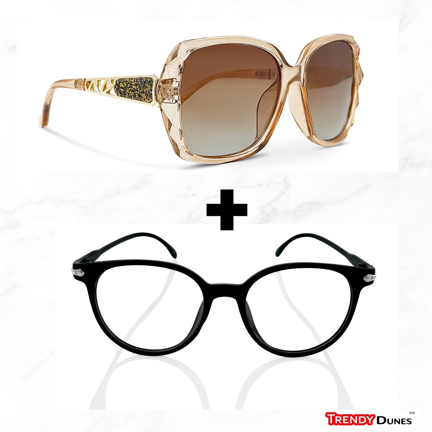 TrendyDunes Women's Eyewear Combo β Oversized Polarized Sunglasses Beige Brown + Stylish Cat Eye Blue Light Glasses (Black Frame)