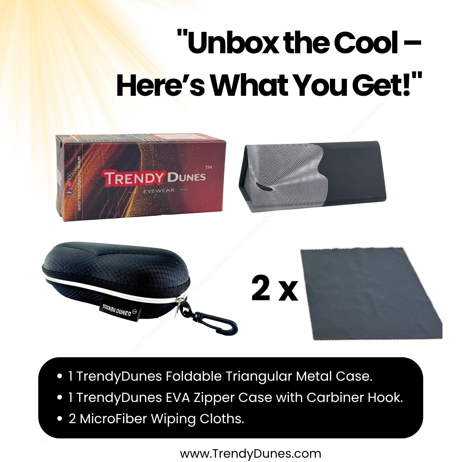 TrendyDunes Premium Eyewear Combo – EVA Waterproof Hook Case + Designer Foldable Wave Case (Gold, Silver, Maroon, Blue Variants)