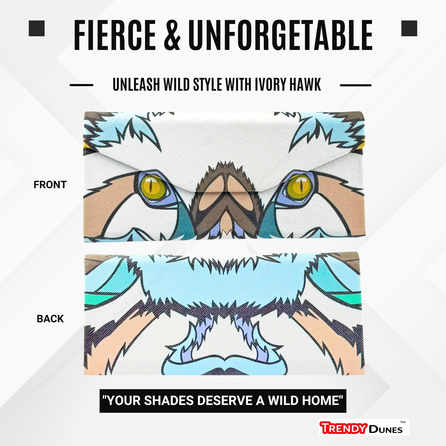 TrendyDunes High Fashion Luxury PU Leather Exterior, Soft Lining Triangular Sunglasses Eyewear Case with Vivid Animalistic Color Motifs | Includes Micro Fiber Wiping Cloth