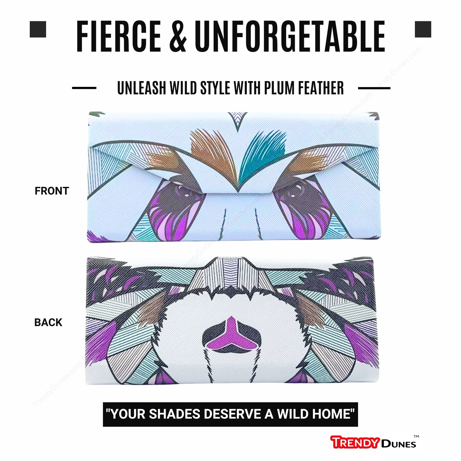 TrendyDunes High Fashion Luxury PU Leather Exterior, Soft Lining Triangular Sunglasses Eyewear Case with Vivid Animalistic Color Motifs | Includes Micro Fiber Wiping Cloth