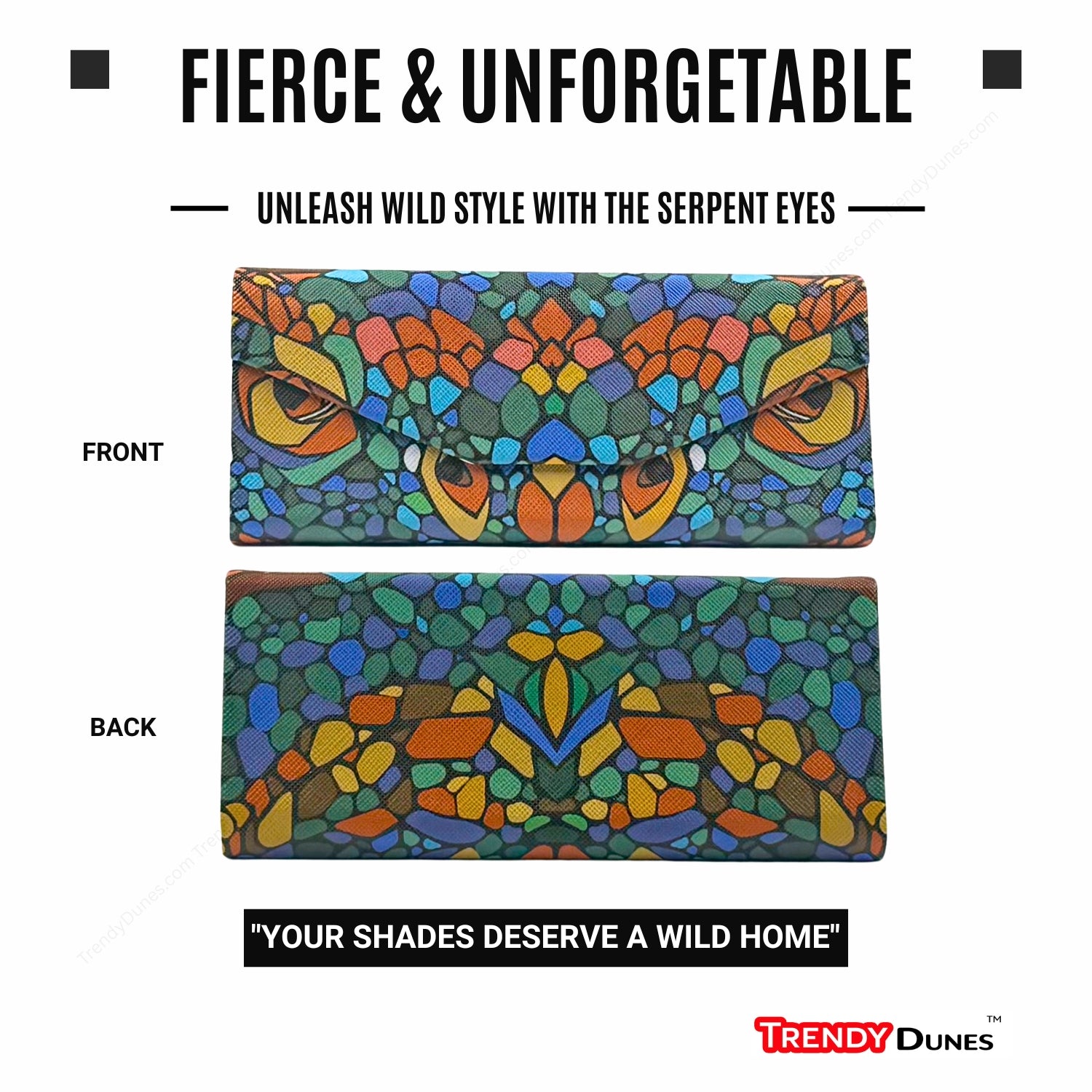 TrendyDunes High Fashion Luxury PU Leather Exterior, Soft Lining Triangular Sunglasses Eyewear Case with Vivid Animalistic Color Motifs | Includes Micro Fiber Wiping Cloth