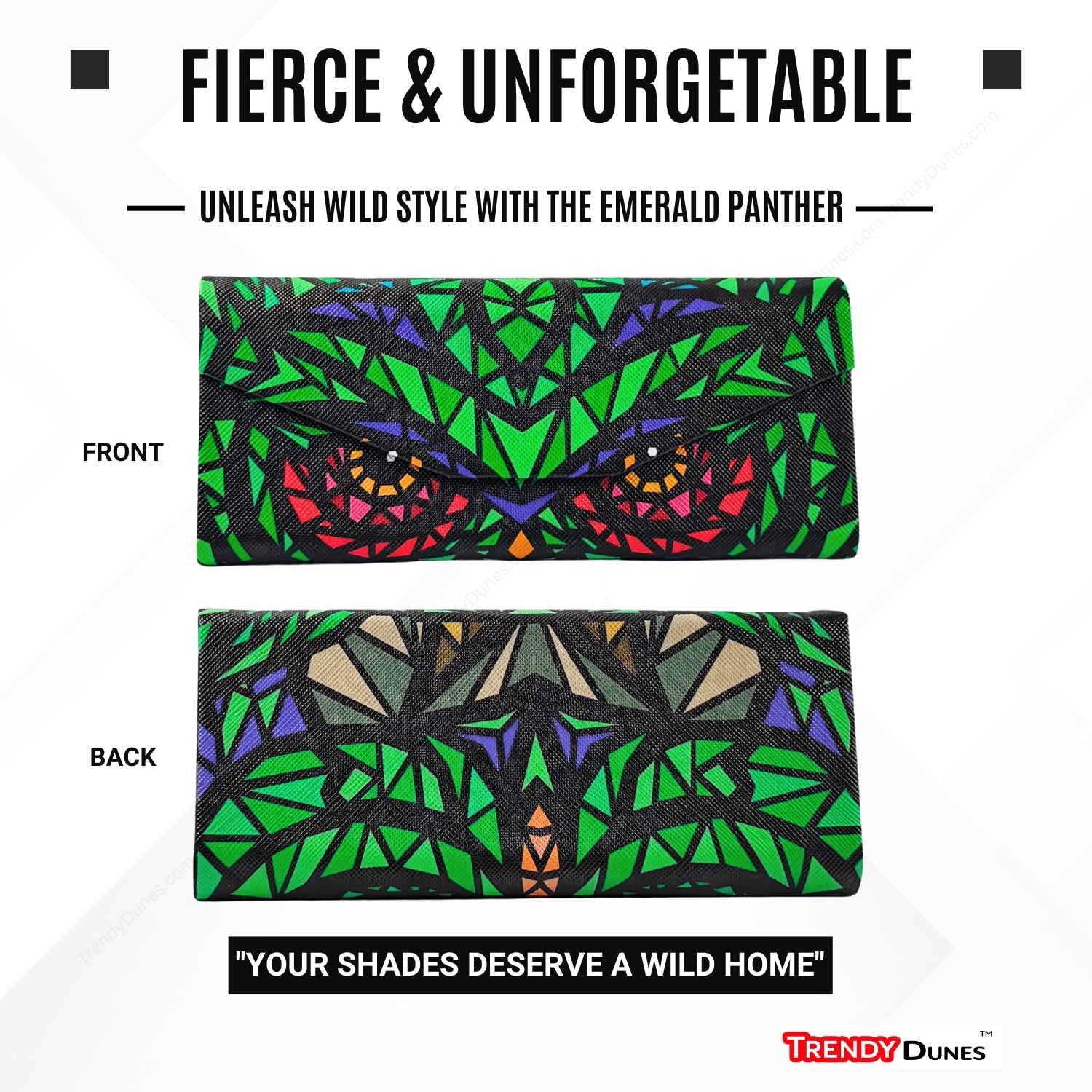 TrendyDunes High Fashion Luxury PU Leather Exterior, Soft Lining Triangular Sunglasses Eyewear Case with Vivid Animalistic Color Motifs | Includes Micro Fiber Wiping Cloth