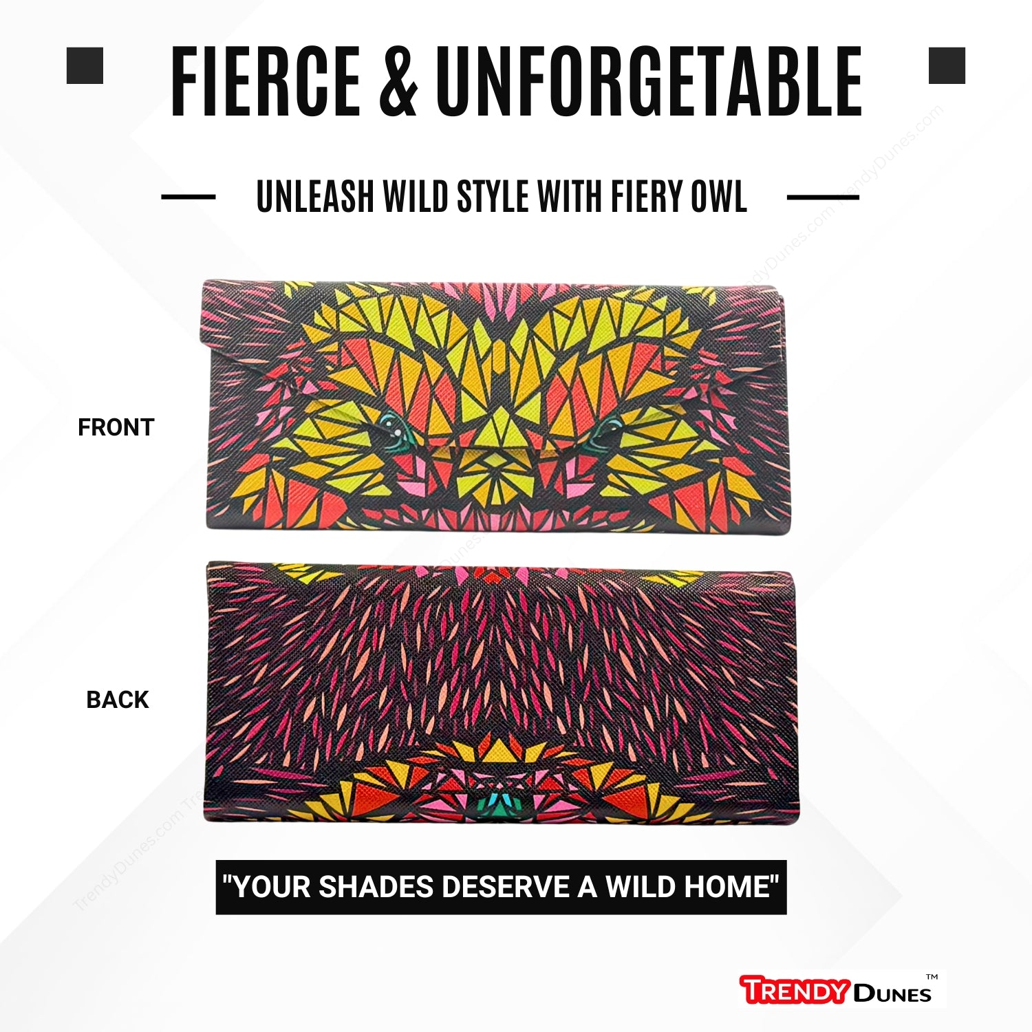 TrendyDunes High Fashion Luxury PU Leather Exterior, Soft Lining Triangular Sunglasses Eyewear Case with Vivid Animalistic Color Motifs | Includes Micro Fiber Wiping Cloth