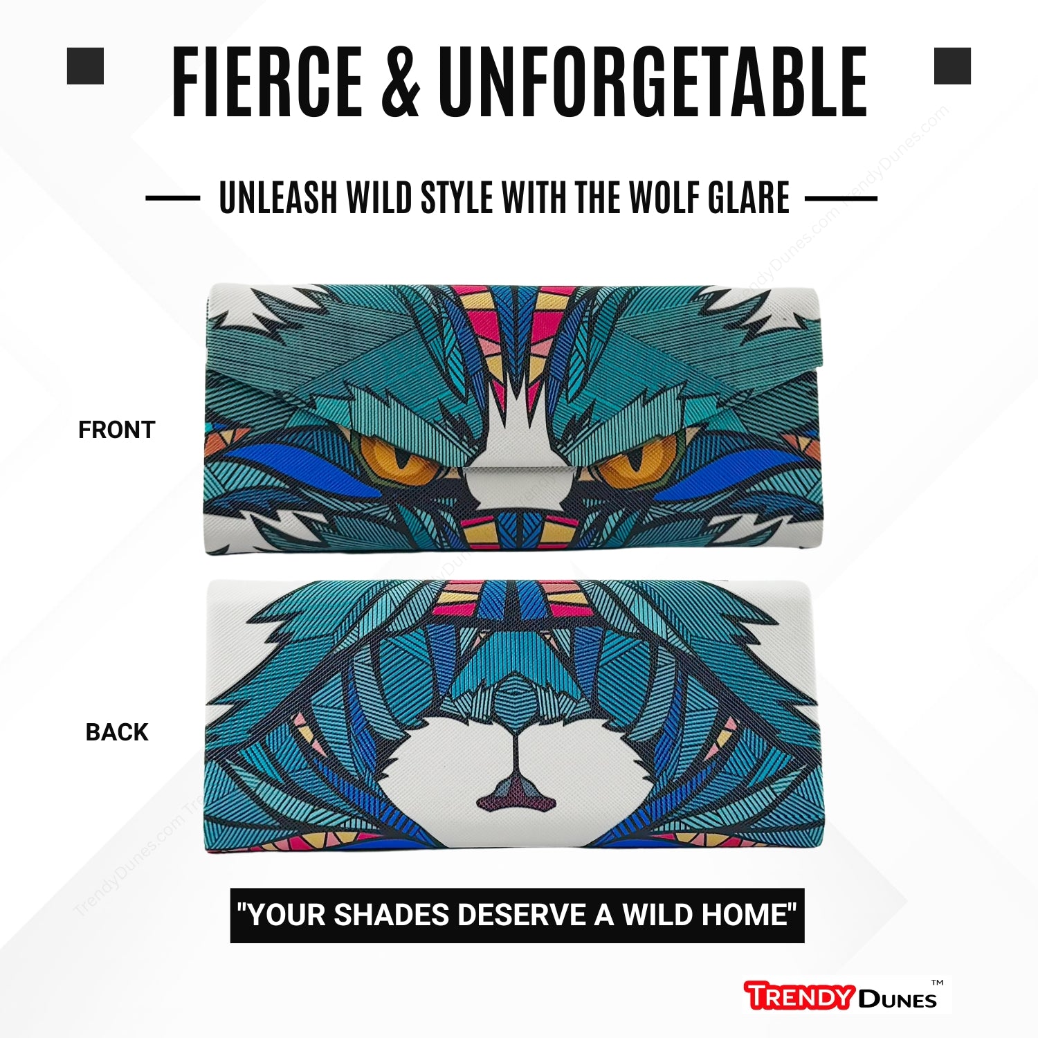 TrendyDunes High Fashion Luxury PU Leather Exterior, Soft Lining Triangular Sunglasses Eyewear Case with Vivid Animalistic Color Motifs | Includes Micro Fiber Wiping Cloth