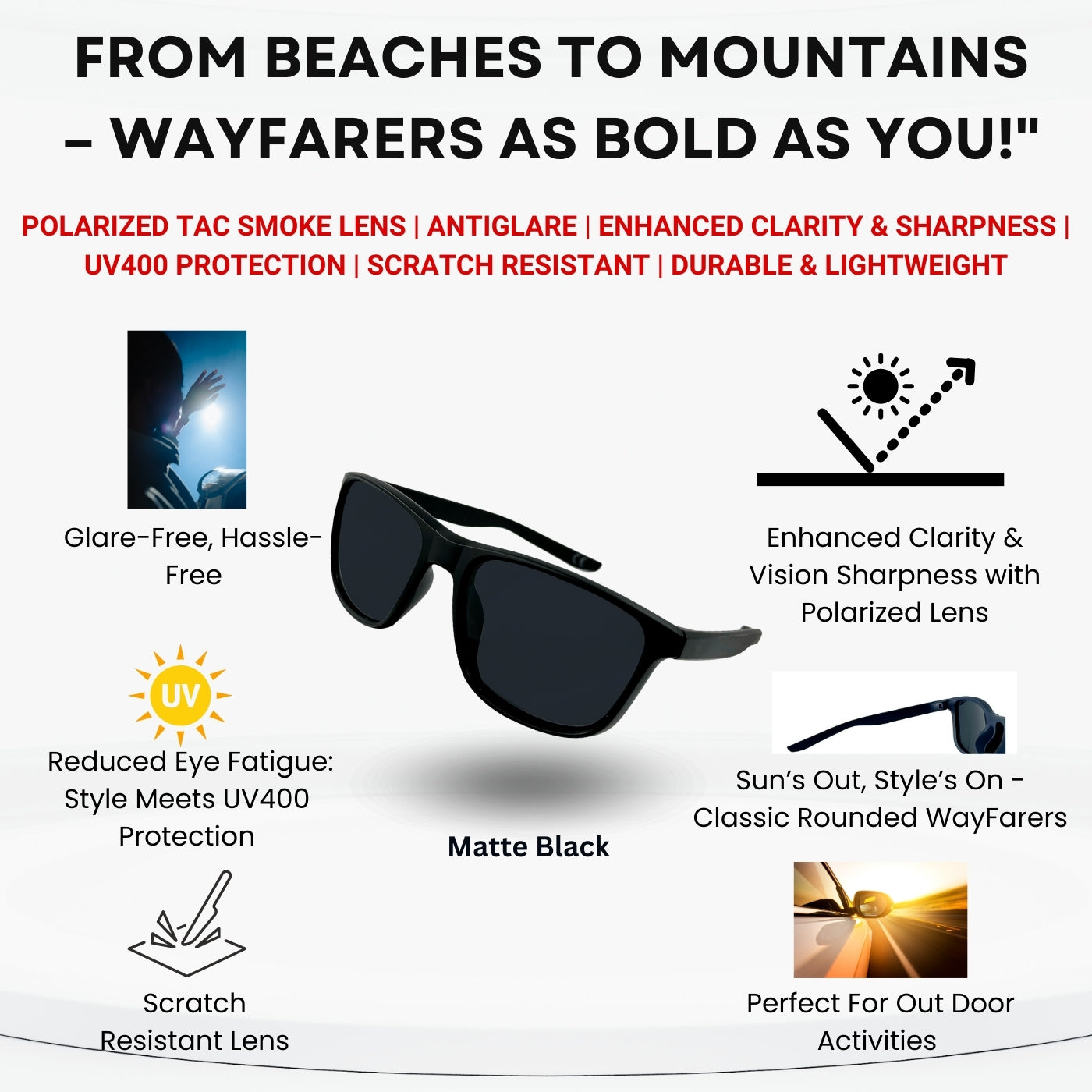 TrendyDunes Luxurious Unisex Polarized Wayfarer Sun Glasses, TAC Lens, Anti Glare, UV400 Protection | Lightweight Polycarbonate Frame |  Premium EVA Waterproof Material Sunglasses Case  & Black Draw String Eyewear Pouch