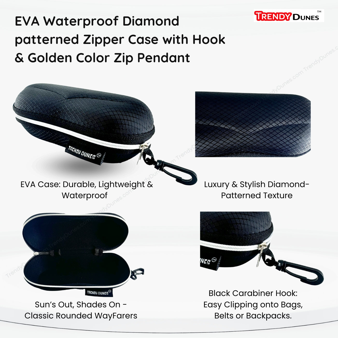 TrendyDunes EVA Waterproof Diamond-Pattern Zipper Sunglasses & Eyewear Case with hook and zip pendant
