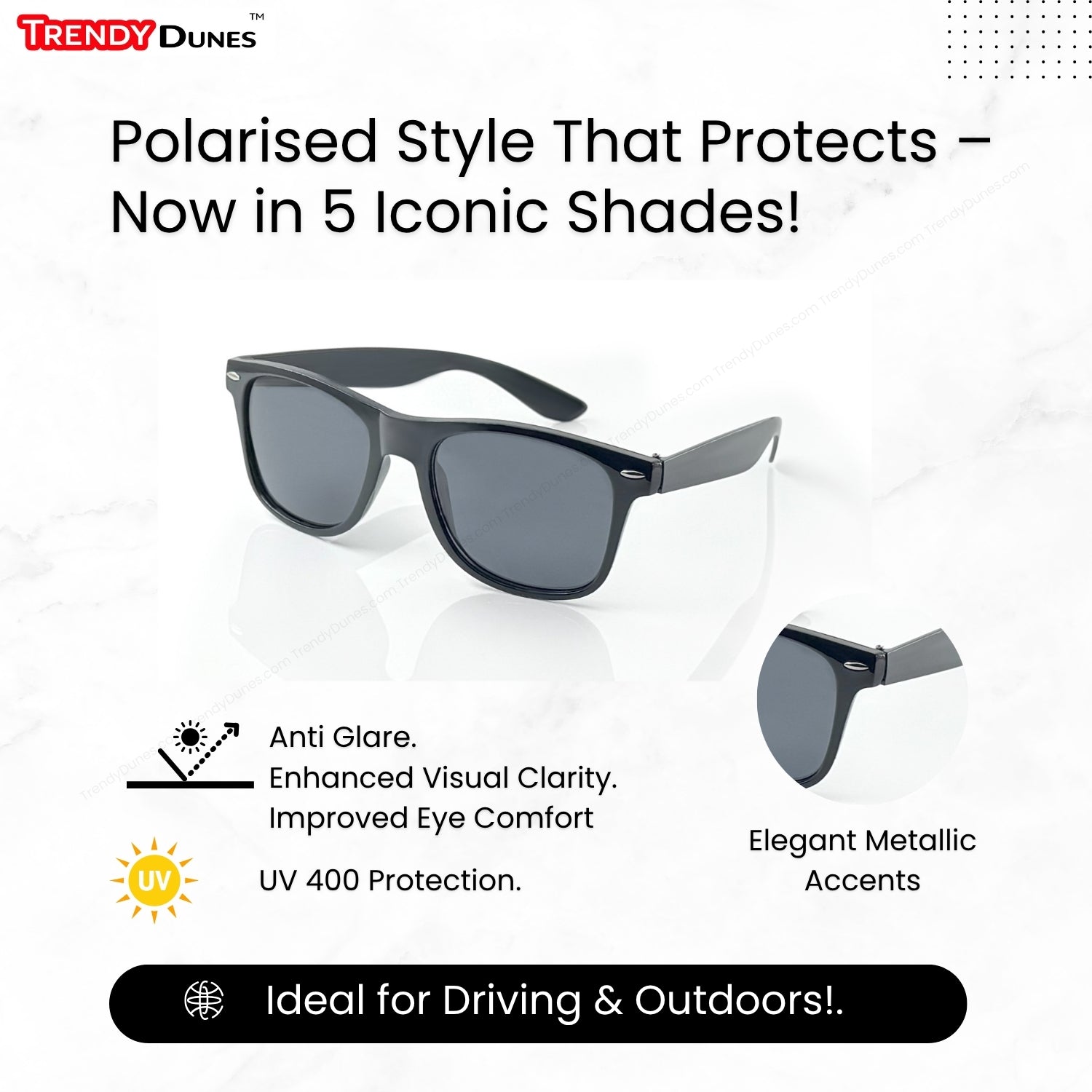 TrendyDunes Classic & Vibrant Wayfarer Sunglasses Combo – Black UV400 Polarized + White Mirror Blue Lens | Unisex Stylish Eye Protection Set