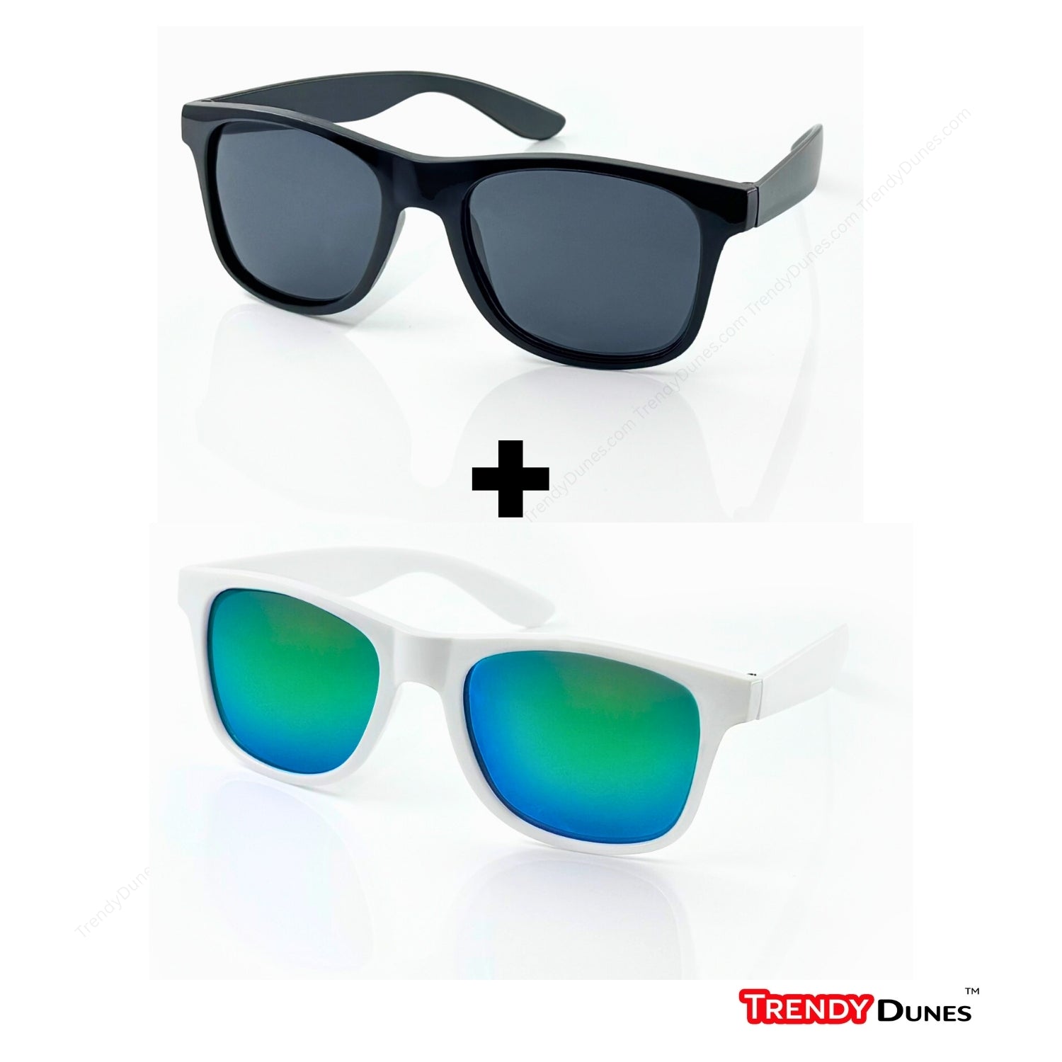 TrendyDunes Polarized Sunglasses Combo – Classic Black & White Frames with UV400 Grey & Blue Mirror Lenses | Stylish Unisex Wayfarers | CE Certified