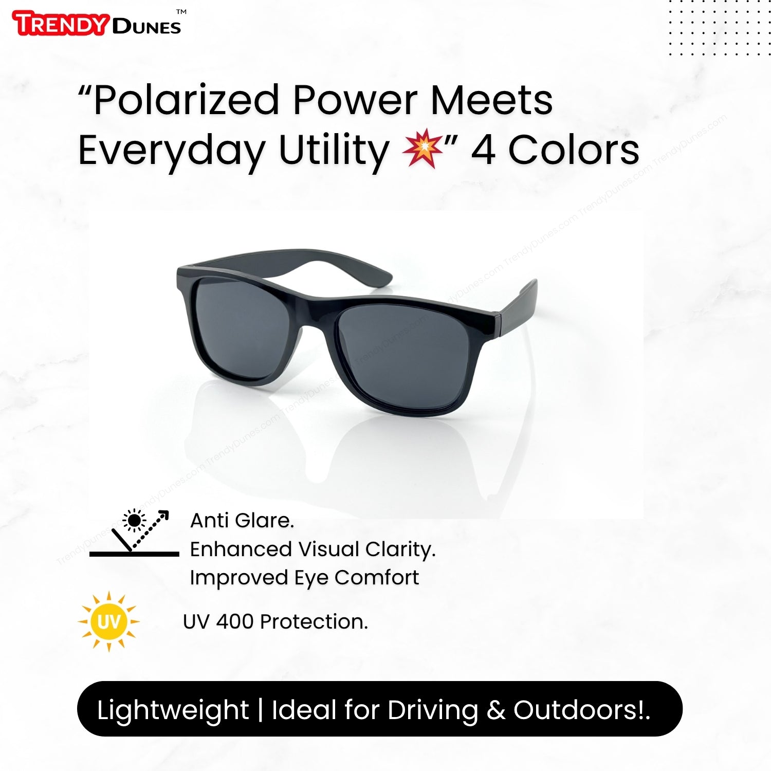 TrendyDunes Polarized Sunglasses Combo – Classic Black & White Frames with UV400 Grey & Blue Mirror Lenses | Stylish Unisex Wayfarers | CE Certified