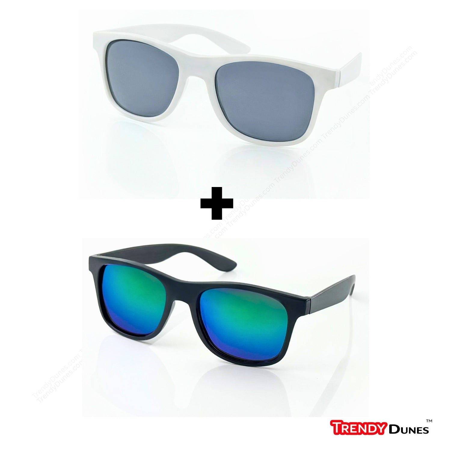 TrendyDunes Polarized Wayfarer Sunglasses Combo – White Frame Grey Lens + Black Frame Blue Mirror | UV400 CE Certified Stylish Unisex Shades