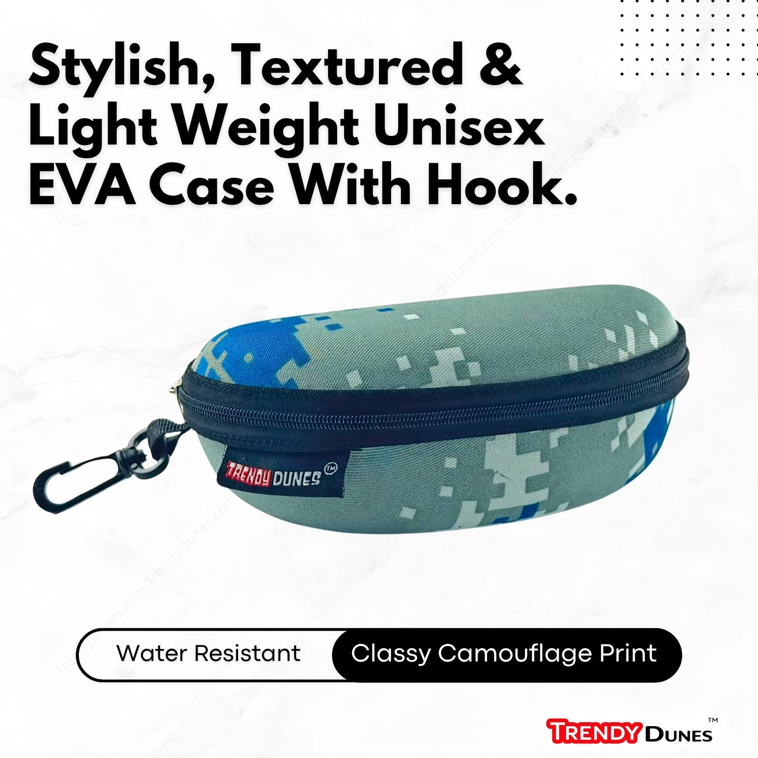 TrendyDunes BlueByte & Sandscape Desert Camo EVA Zipper Sunglass Case with Clip Hook & Water-Resistant – Stylish & Protective Eyewear Cover
