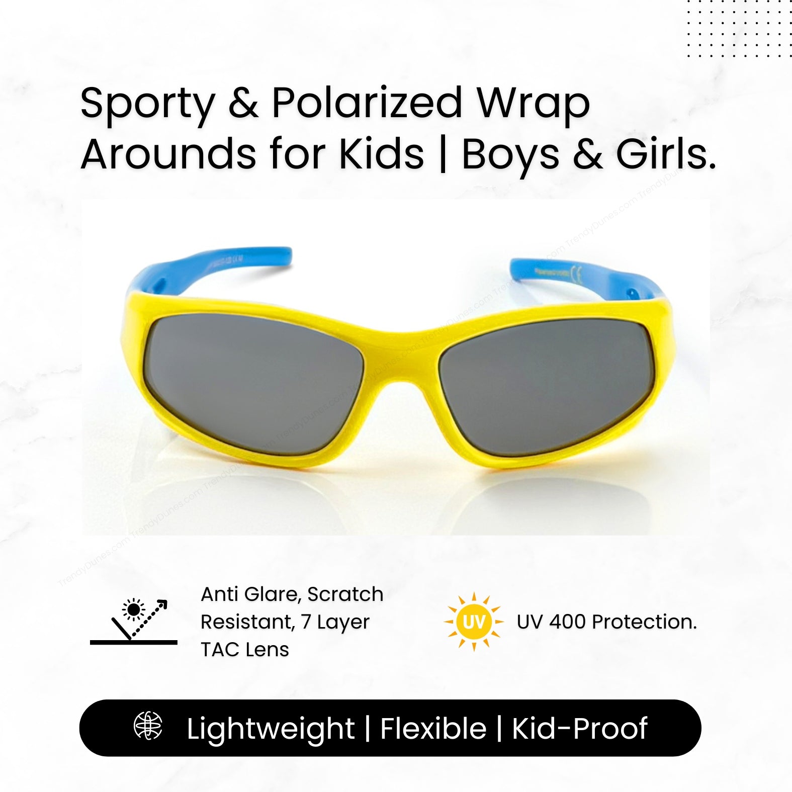 TrendyDunes Kids Sports Wraparound Sunglasses | Boys & Girls 8-12 Years | Polarized UV400 Anti Glare Lens | TPEE Frame | EVA Case + Polarized Test Card | 6 Color Combos