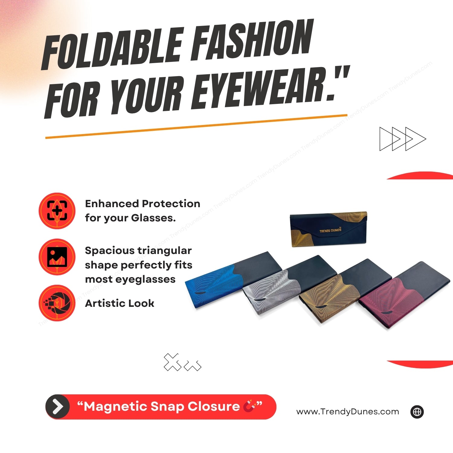 TrendyDunes Designer Foldable Triangular Metal & PU Leather Eyewear Case – Hard Shell Glasses Holder with Magnetic Closure Stylish Golden, Silver, Maroon, Blue Bold Wave Designs – Fits Sunglasses Reading Glasses