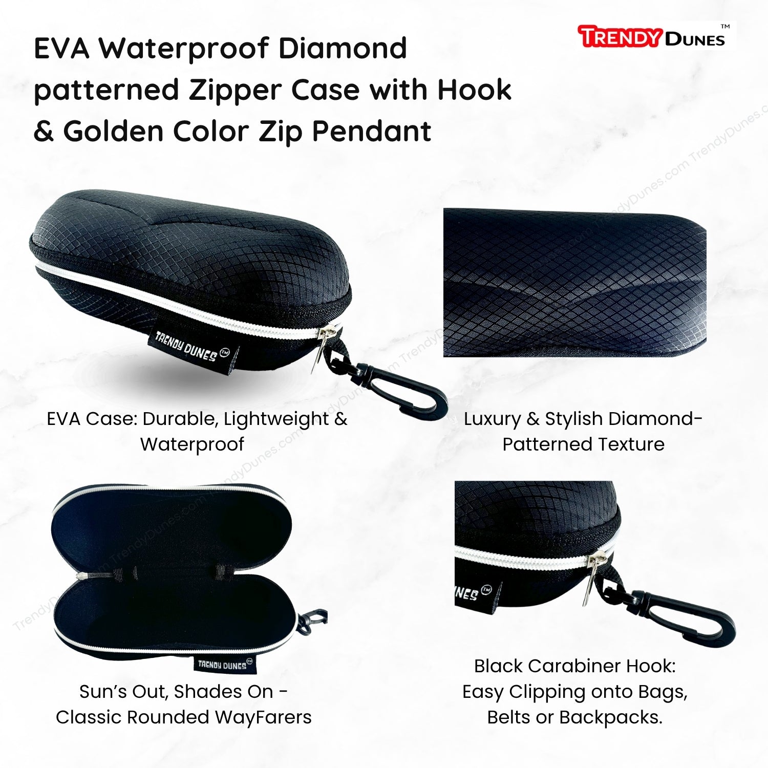 TrendyDunes Designer Eyewear Case Combo – PU Leather Foldable Case with Jungle Art + EVA Waterproof Travel Case with Hook