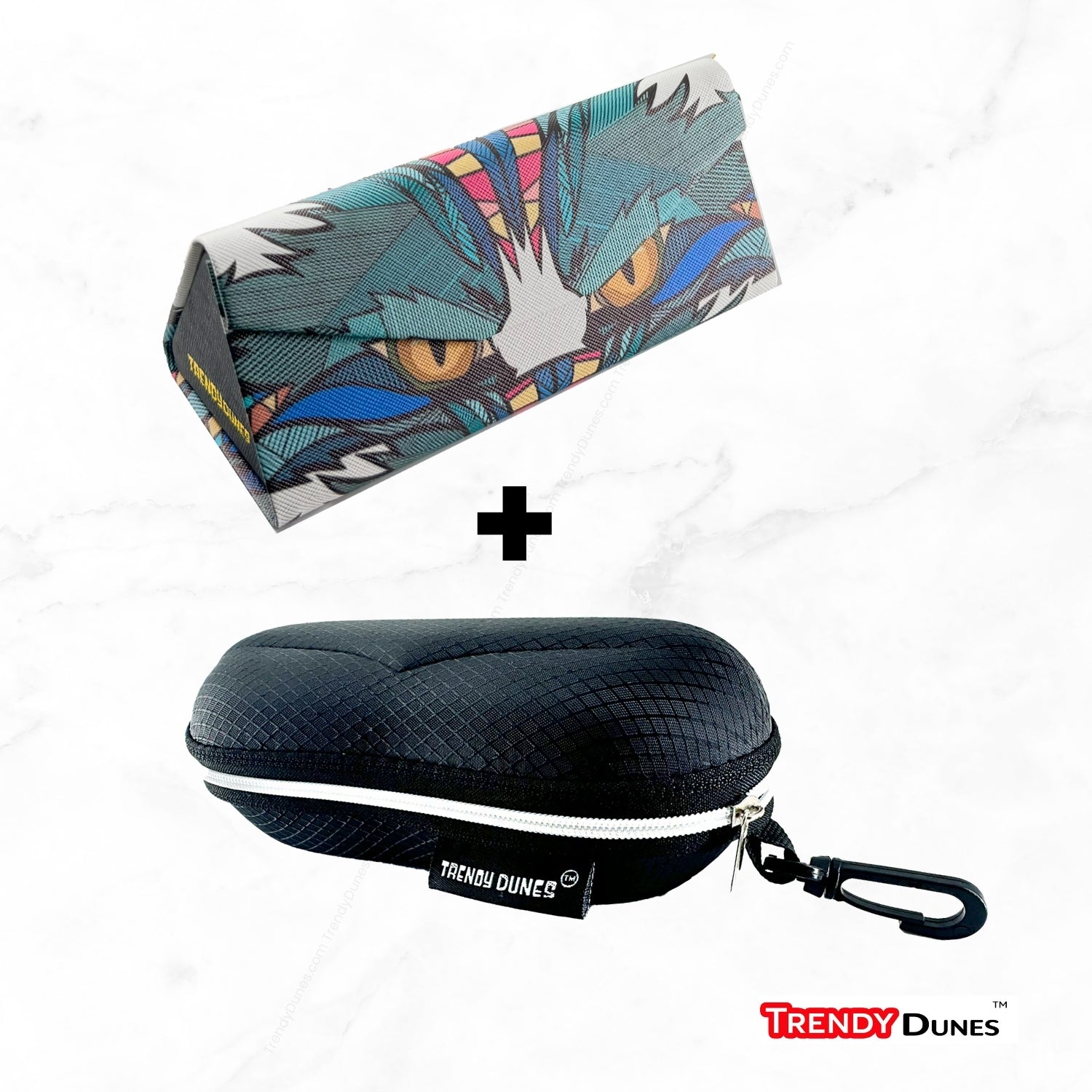 TrendyDunes Designer Eyewear Case Combo – PU Leather Foldable Case with Jungle Art + EVA Waterproof Travel Case with Hook