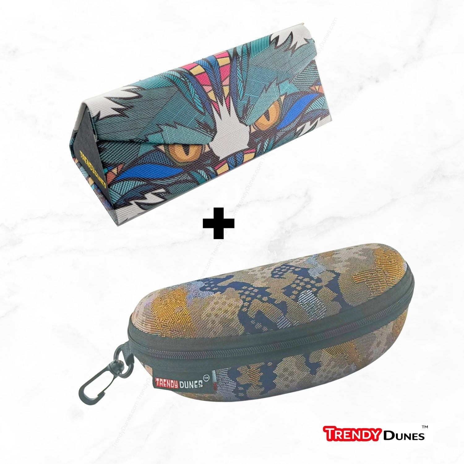 TrendyDunes Designer Eyewear Case Combo – PU Leather Foldable Case with Jungle Art + Designer Sandscape Desert Camo EVA Zipper Water Resistant Case