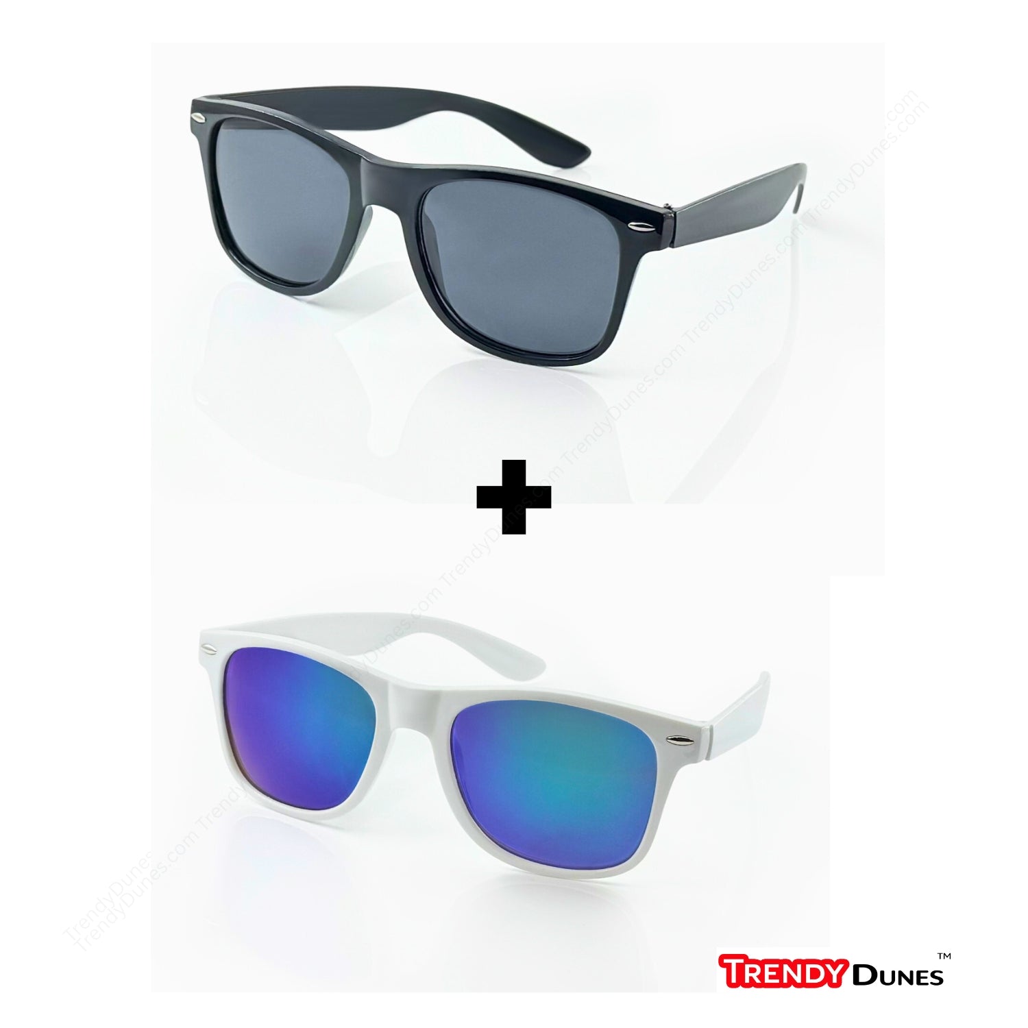 TrendyDunes Classic & Vibrant Wayfarer Sunglasses Combo – Black UV400 Polarized + White Mirror Blue Lens | Unisex Stylish Eye Protection Set