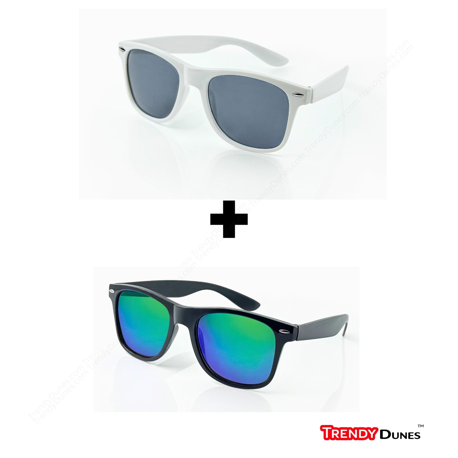 TrendyDunes Combo Sunglasses – Polarized UV400 Wayfarer for Men & Women – Blue Mirror & Grey Lens – Black & White Frames