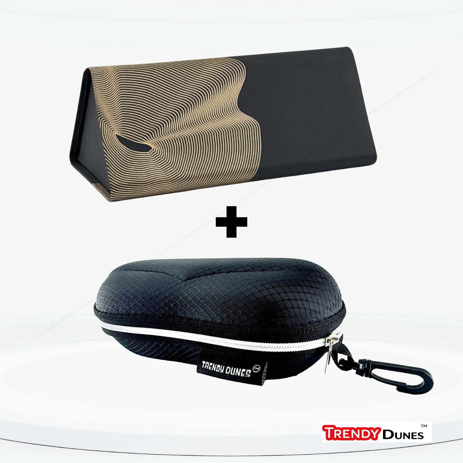 TrendyDunes Premium Eyewear Combo – EVA Waterproof Hook Case + Designer Foldable Wave Case (Gold, Silver, Maroon, Blue Variants)