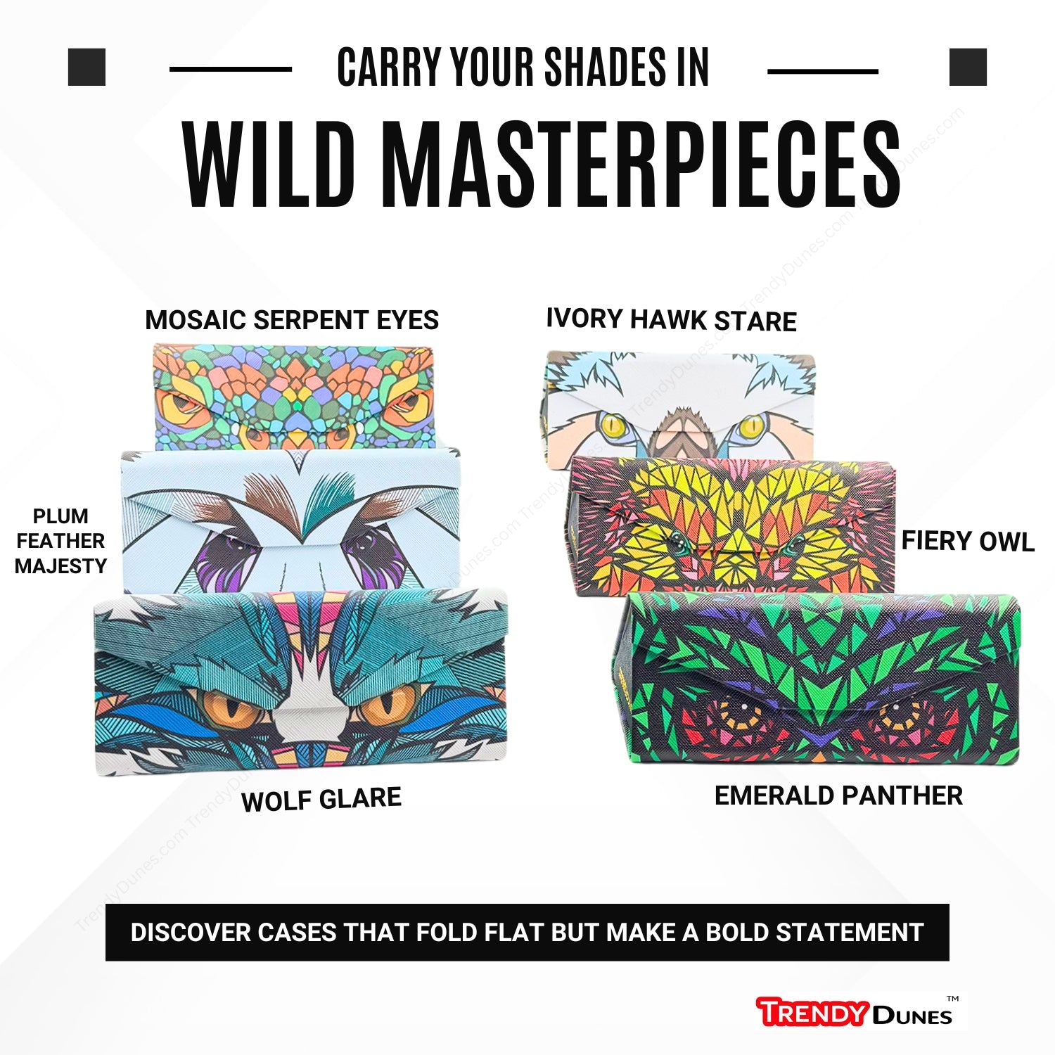 TrendyDunes High Fashion Luxury PU Leather Exterior, Soft Lining Triangular Sunglasses Eyewear Case with Vivid Animalistic Color Motifs | Includes Micro Fiber Wiping Cloth